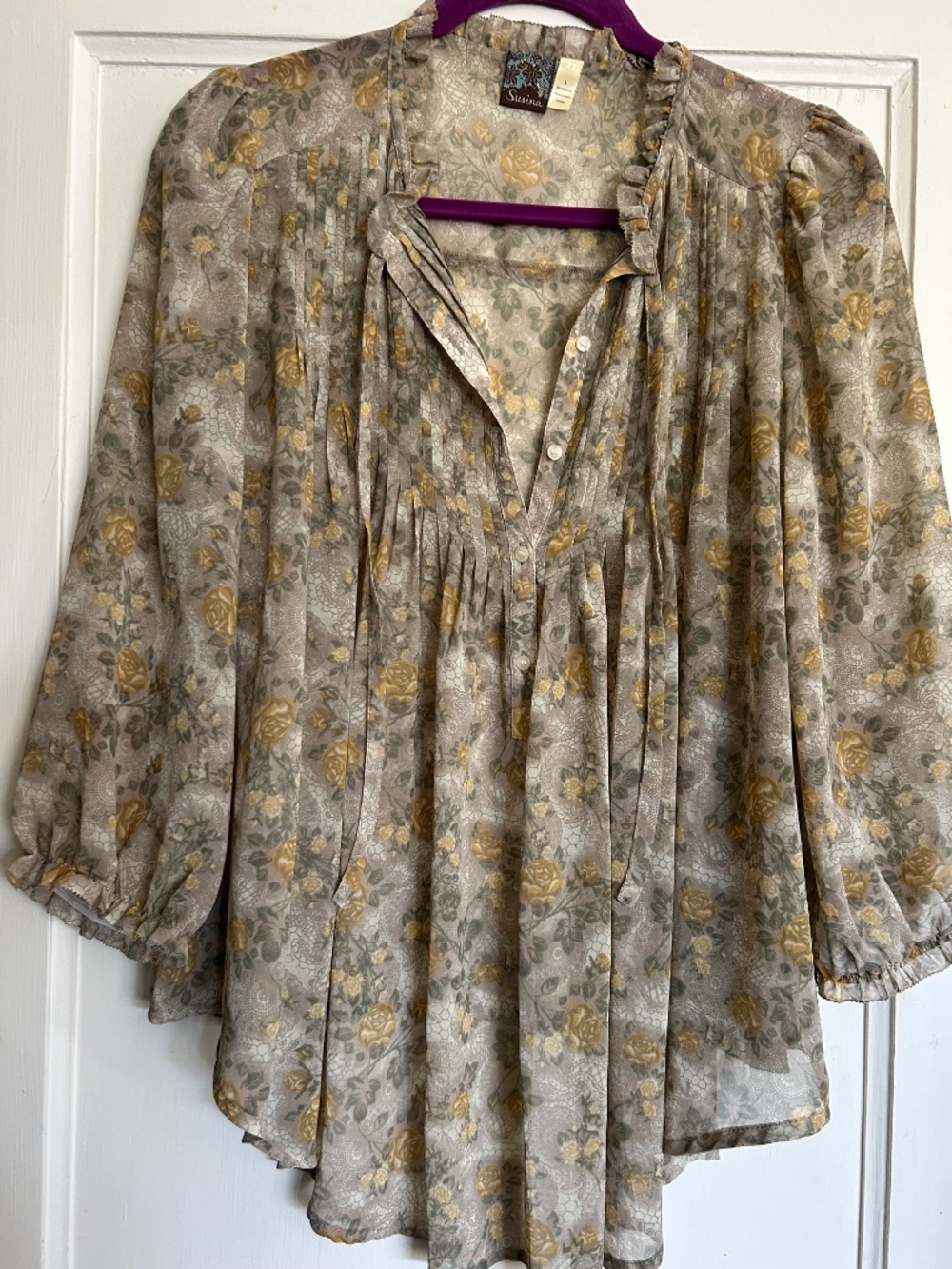 FLORAL TOP WITH PLEATING BOHO STYLE, MULTICOLOR, SIZE L